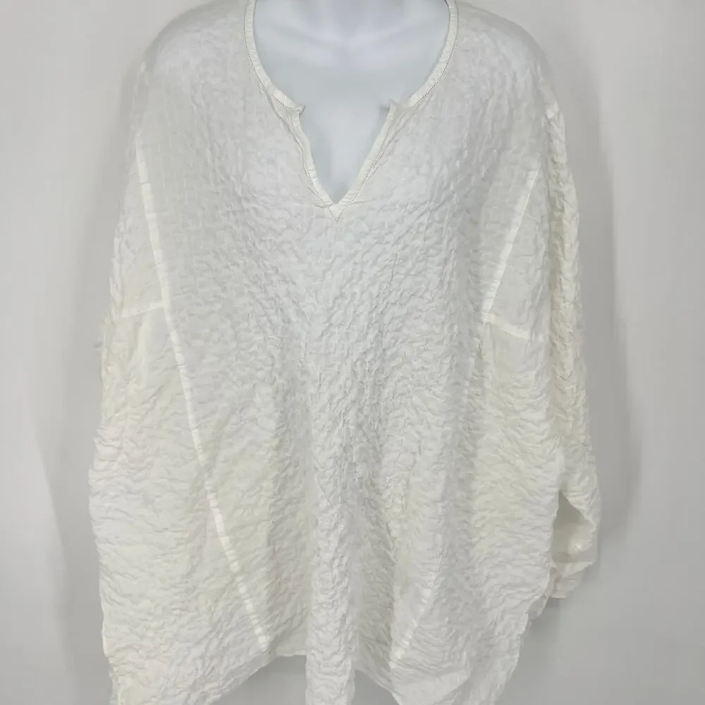 Vintage Eileen Fisher Cream Stretch V Neck Crinkle Sheer Swim Cover Up 2X *READ*